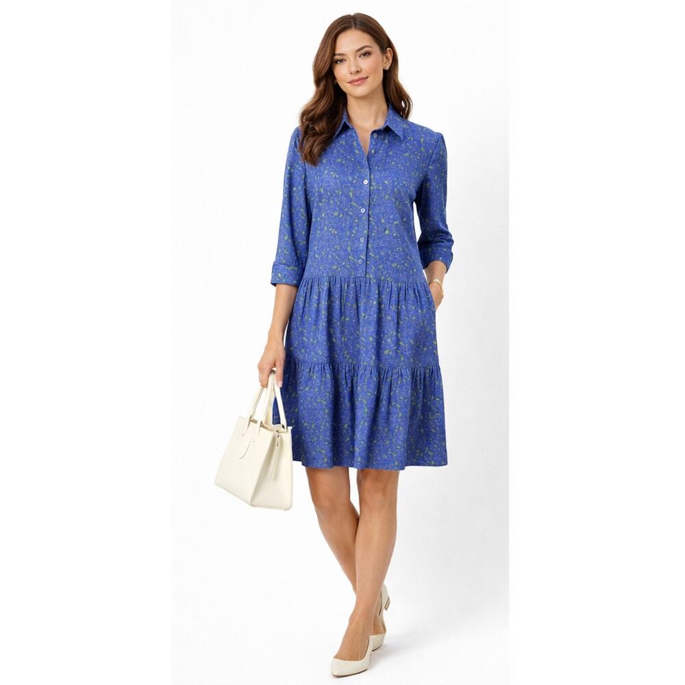 Tyler Boe S Blue Floral Drop Waist Tiered Shirt Dress Coastal Spring Preppy